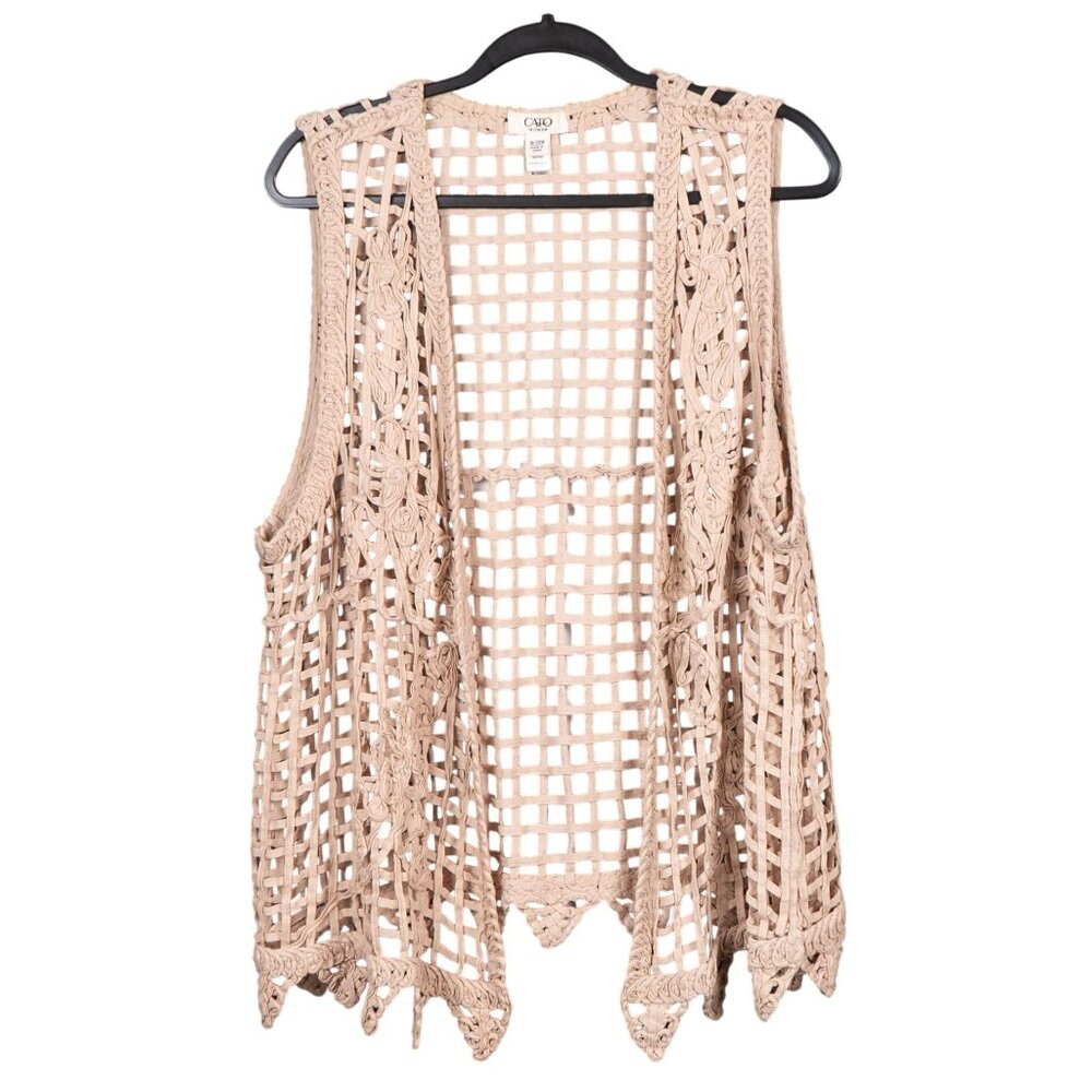 Cato Crochet Vest 18 20W Floral Beige Boho Hippie Indie Lagenlook Scalloped Hem
